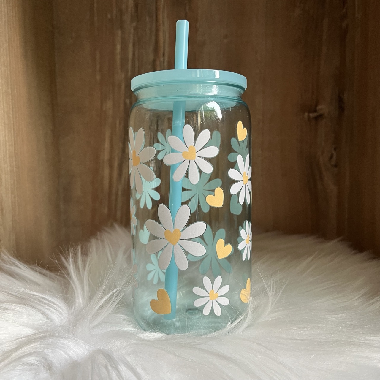 Verre Canette Plastique Bleu Fleur