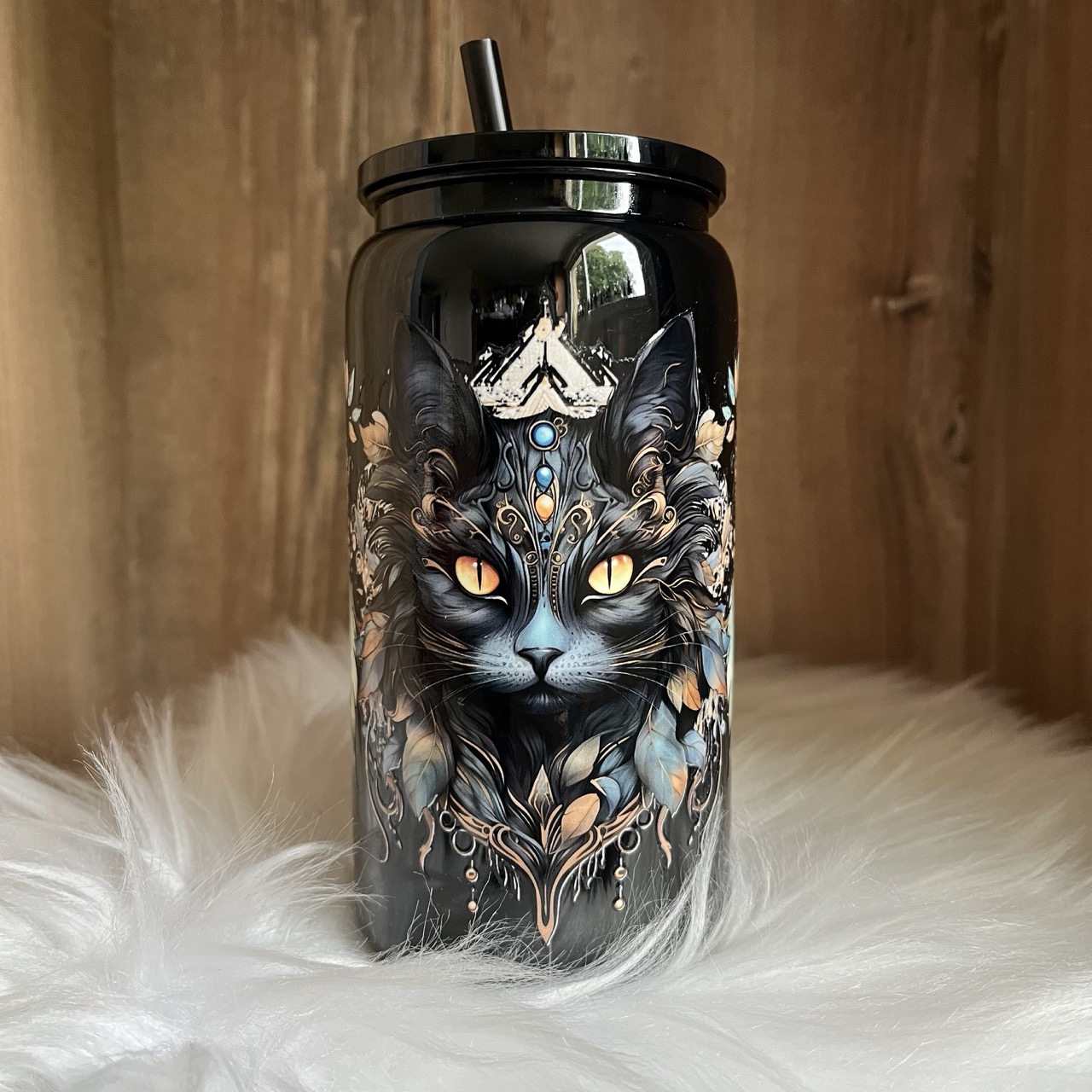 Verre Canette Plastique Noir Chat